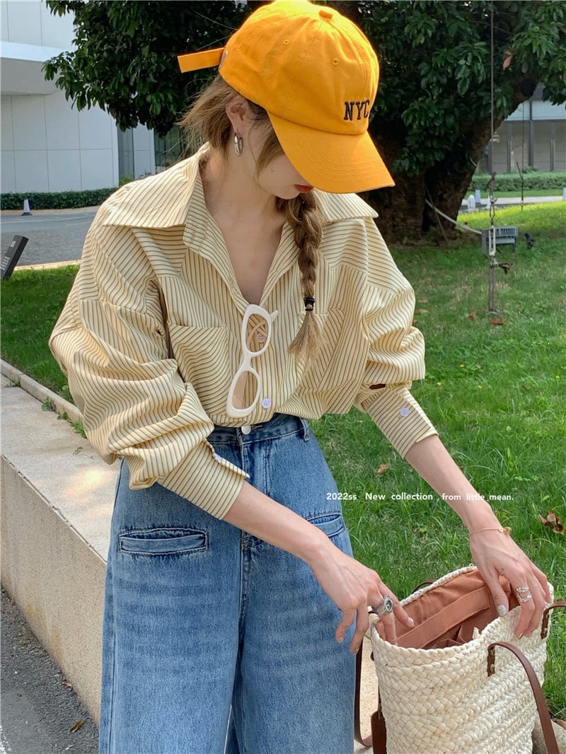 Yellow Stripe Loose Long Sleeve Shirt