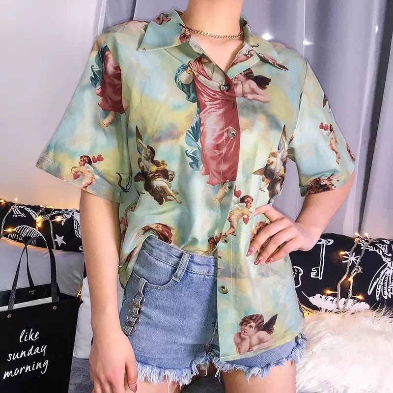 Classic Angel Print Loose Thin Shirt Blouse Summer Bottom Short Sleeve Tee Shirt T-shirt E-Girl Kawaii Korean Japanese Harajuku Streetwear