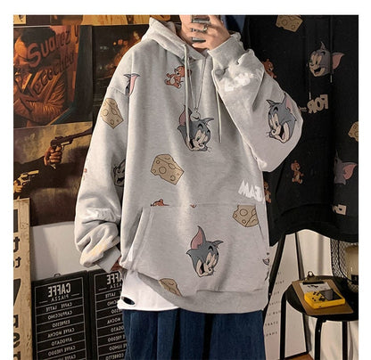Cute Funny Cat Mouse Print Cartoon Oversized Loose Hoodie Sweatshirt Pullover Sweater Casual E-Girl Kawaii Korean Japanese Harajuku Streetwear