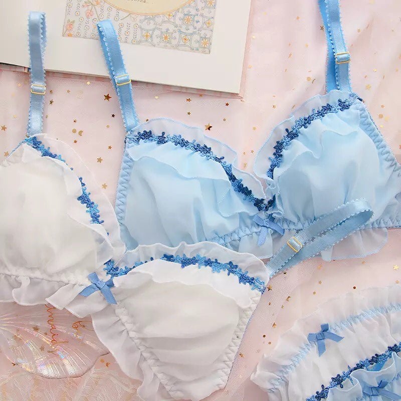 Sweet Fairy Blue Lace Bra + Panty Set Underwear Lingerie Summer Aesthetic Casual E-Girl Kawaii Korean Japanese Harajuku
