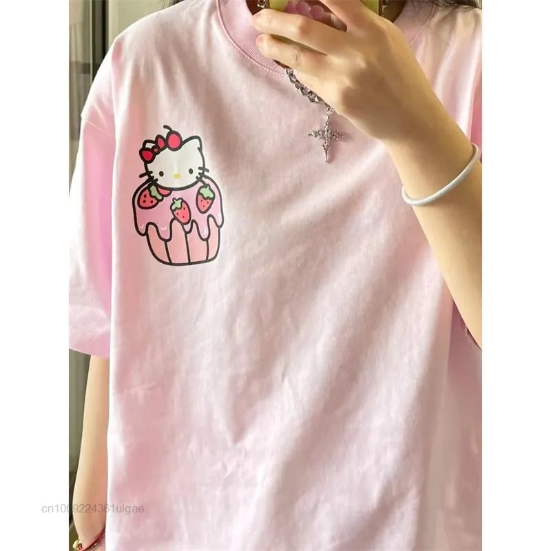 Cat Anime Dessert Print Short Sleeve T-shirt