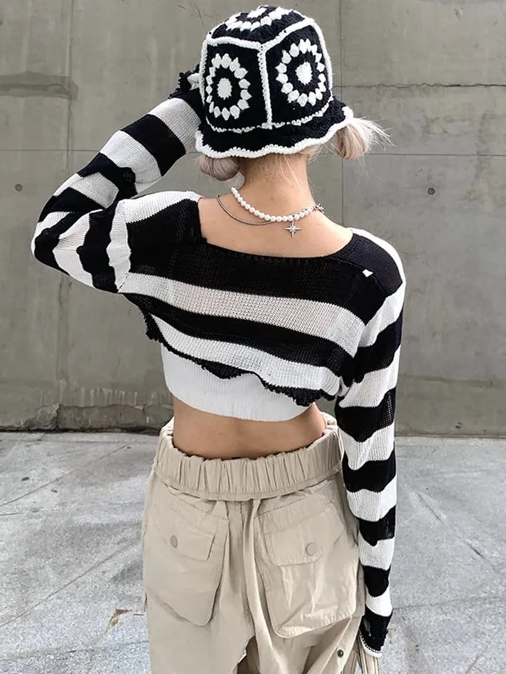 Black & White Crochet Long Sleeve Shrug