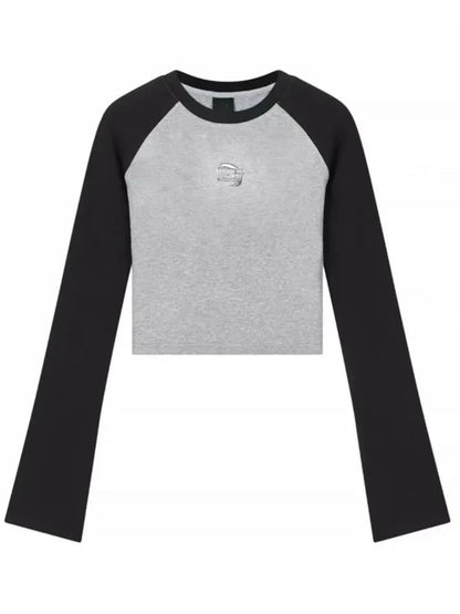 Black & Grey Patchwork Long Sleeve Crop Top