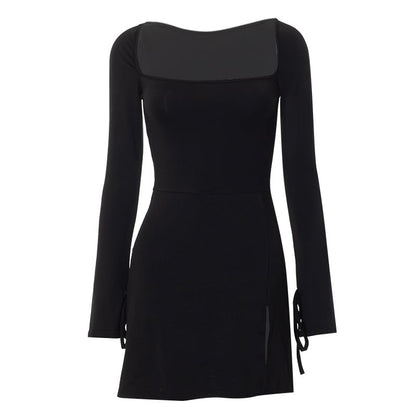 Black Square Neck Long Sleeve Mini Dress