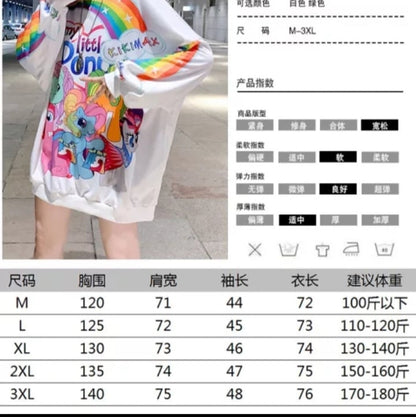 Cute Rainbow Colorful Pony Cartoon Print Oversized Sweatshirt Long Sleeve Shirt Pullover Aesthetic Casual E-Girl Kawaii Korean Japanese Harajuku