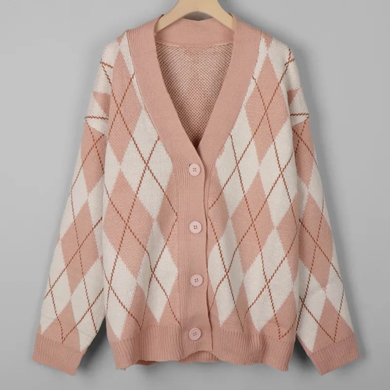 Pink Argyle V Neck Sweater