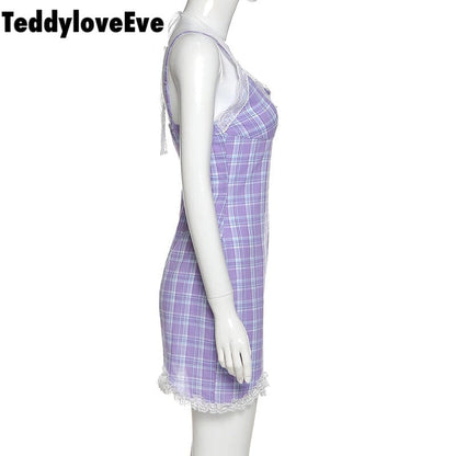 Cute Sexy Plaid Halter V Neck Lace Spaghetti Strap Bodycon Mini Dress Party E-Girl Kawaii Korean Japanese Harajuku Chinese Retro Streetwear Aesthetic