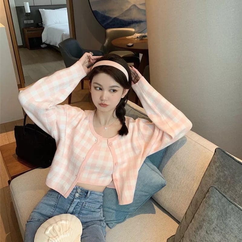 Cute Pastel Candy 2pcs Soft Plaid Knit Cardigan Sweater + Crop Top Vest Aesthetic Casual Summer E-Girl Kawaii Korean Japanese Harajuku