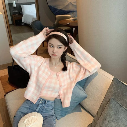 Cute Pastel Candy 2pcs Soft Plaid Knit Cardigan Sweater + Crop Top Vest Aesthetic Casual Summer E-Girl Kawaii Korean Japanese Harajuku