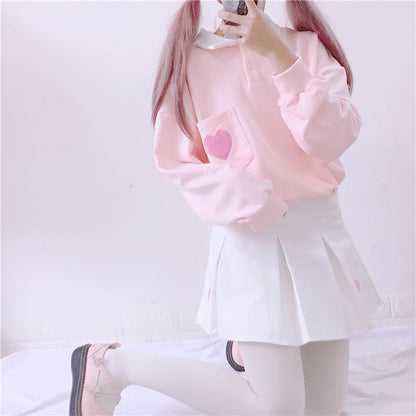 Cute Heart Embroidery Pocket Oversized Sweater Long Sleeve Shirt Pullover Hoodie Sweatshirt E-Girl Kawaii Korean Japanese Harajuku Retro Streetwear