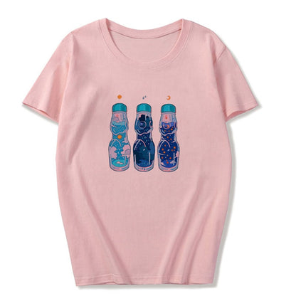 Cute Pink Milkshakes Drink Summer Pastel Print Short Sleeve Shirt Tee T-shirt E-Girl Kawaii Korean Japanese Harajuku Retro Streetwear Aesthetic