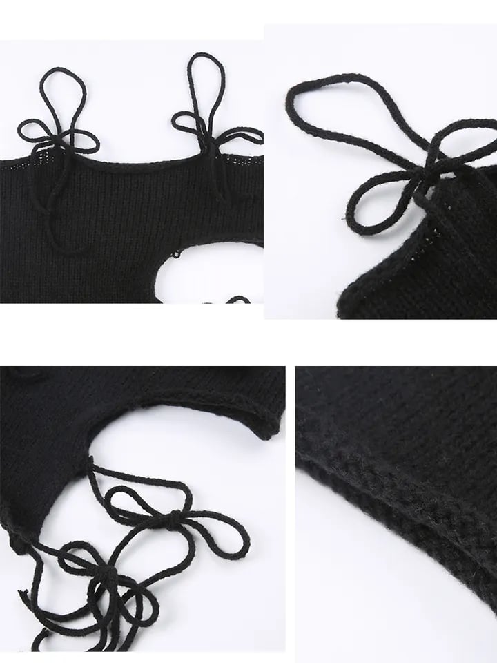 Black Knit Tie Up Backless Crop Top