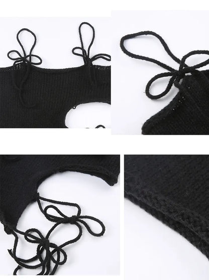 Black Knit Tie Up Backless Crop Top