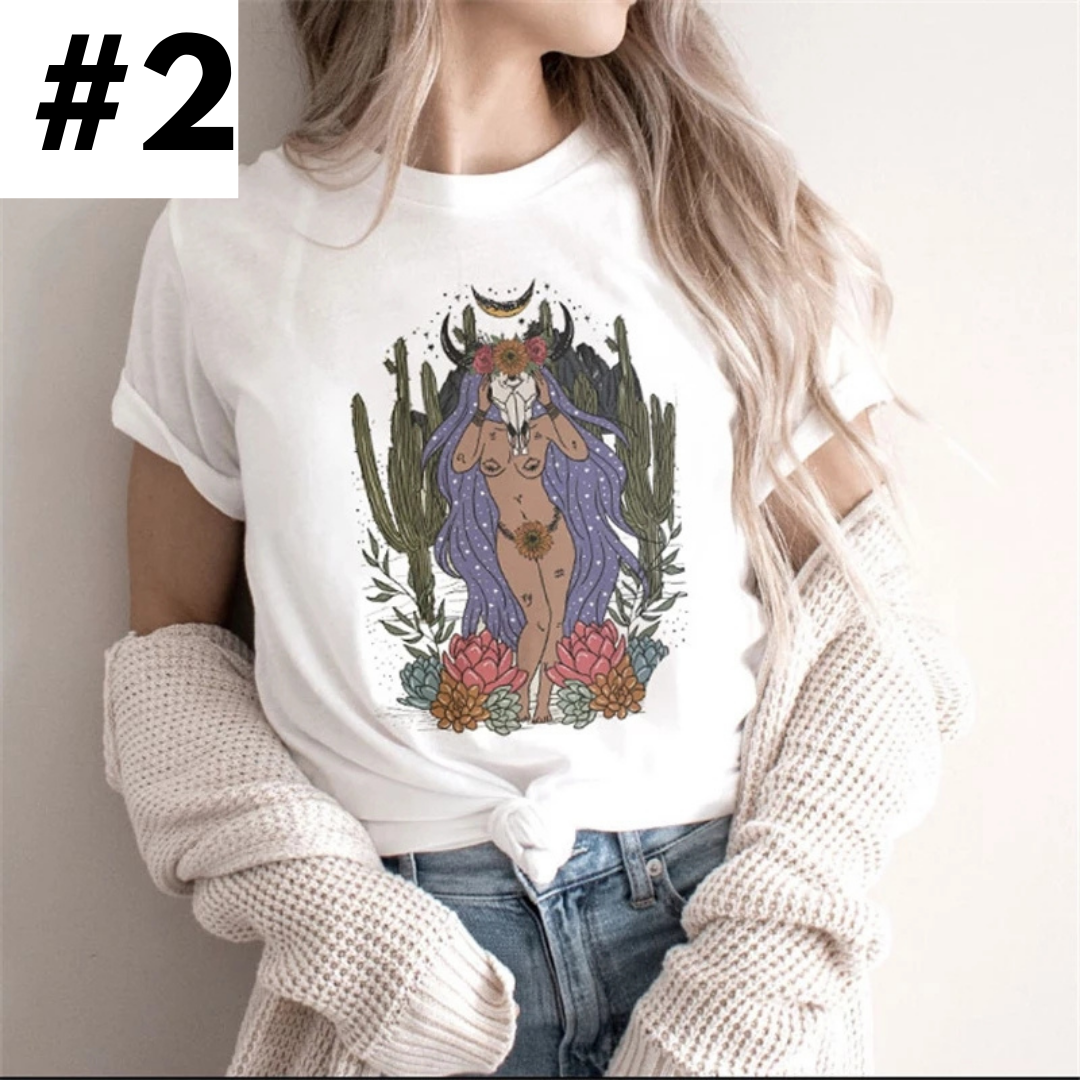 Cute Retro Tarot Card Cresent Moon Sun Print Loose Short Sleeve Shirt Aesthetic Casual E-Girl Kawaii Korean Japanese Harajuku