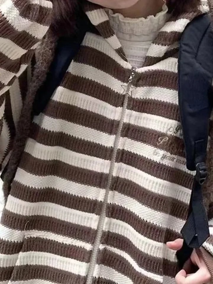Brown Stripe Zipper Cardigan