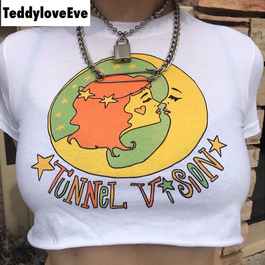 Cute White Girl Cartoon Moon Star Casual Crop Short Sleeve Shirt Tee T-shirt E-Girl Kawaii Korean Japanese Harajuku Chinese Retro Streetwear Aesthetic
