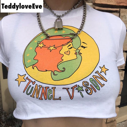 Cute White Girl Cartoon Moon Star Casual Crop Short Sleeve Shirt Tee T-shirt E-Girl Kawaii Korean Japanese Harajuku Chinese Retro Streetwear Aesthetic