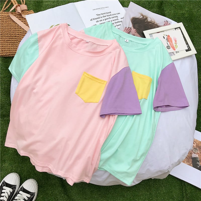 Cute Pastel Patchwork Contrast Kpop Bangtan Boys T-shirt Tee Top Korean Japanese Harajuku Chinese Retro Streetwear Aesthetic Fashion