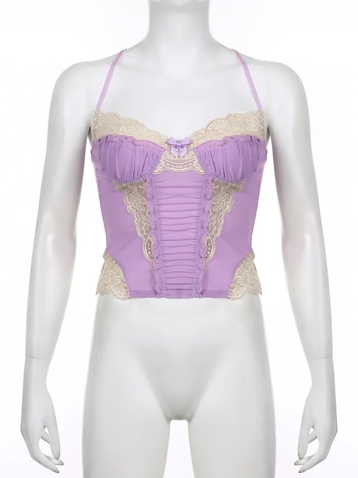 Purple Lace Trim Mesh Halter Top