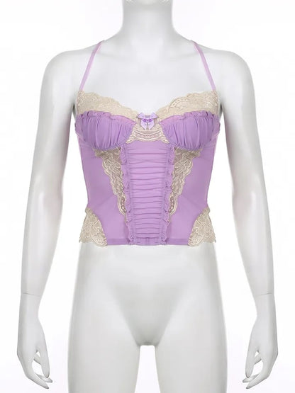 Purple Lace Trim Mesh Halter Top