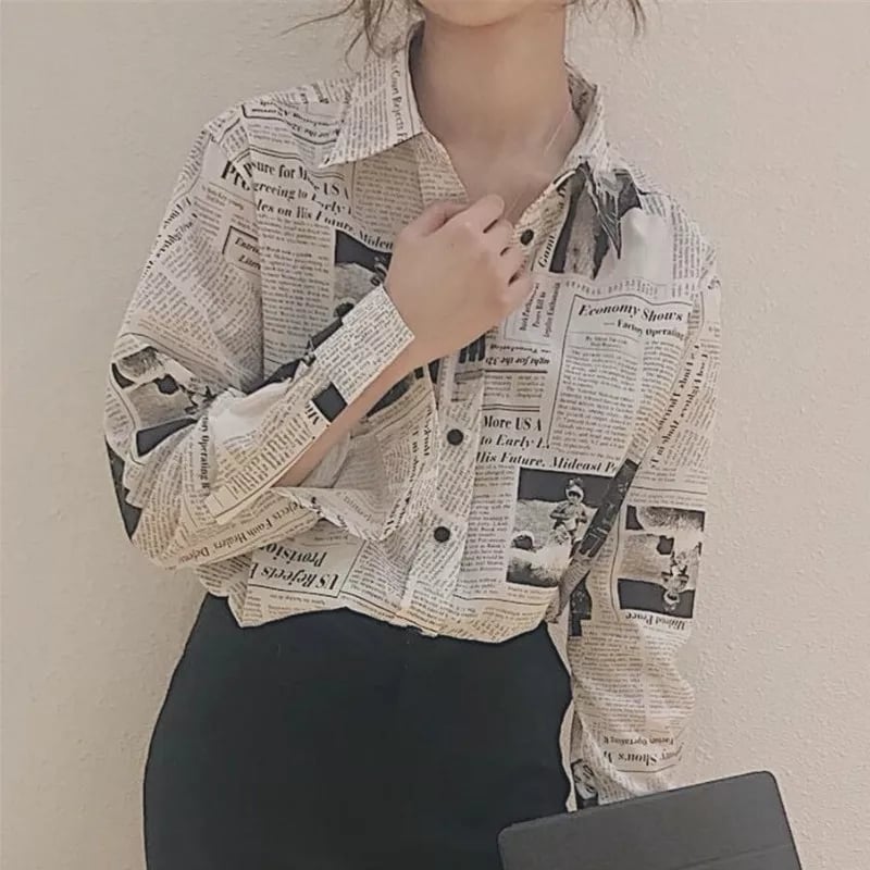 Cute Vintage Newspaper Letter Print Button Up Long Sleeve Shirt Blouse Top Aesthetic Casual E-Girl Kawaii Korean Japanese Harajuku