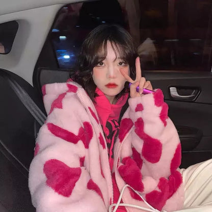 Cute 90s Heart Print Plush Long Sleeve Jacket Hoodie Sweater Coat Aesthetic Casual E-Girl Kawaii Korean Japanese Harajuku