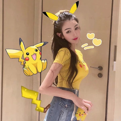 Cute Sexy Pikachu Anime Cartoon Graphic Print Crop Top Short Sleeve Shirt Aesthetic Casual E-Girl Kawaii Korean Japanese Harajuku