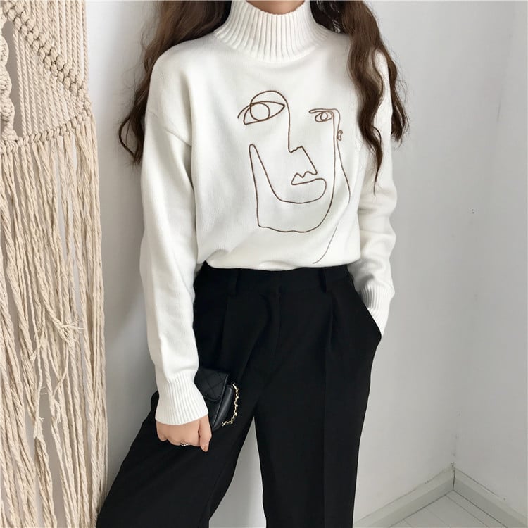 Cute Geometric Face Knit Turtleneck Oversized Sweater Long Sleeve Shirt Pullover Sweatshirt E-Girl Kawaii Korean Japanese Harajuku Retro Streetwear