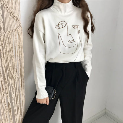 Cute Geometric Face Knit Turtleneck Oversized Sweater Long Sleeve Shirt Pullover Sweatshirt E-Girl Kawaii Korean Japanese Harajuku Retro Streetwear