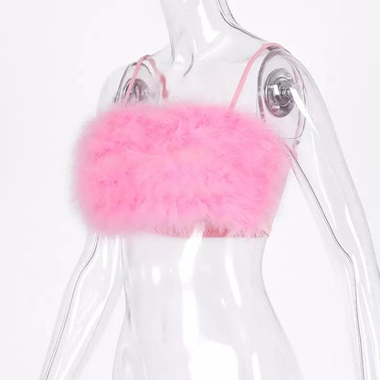 Sexy Pink Feathers Fluffy Fur Crop Top Camisole Tank Sleeveless T-shirt Tee Shirt E-Girl Kawaii Korean Japanese Harajuku Retro Streetwear Fashion