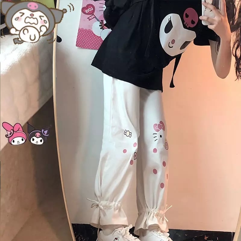 Cute White Kitty Cat Cartoon Print High Waisted Straight Pants Trousers Aesthetic Casual Summer E-Girl Kawaii Korean Japanese Harajuku