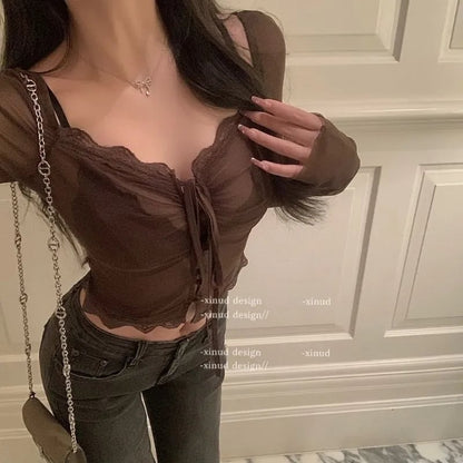 Red Lace See Through Blouse