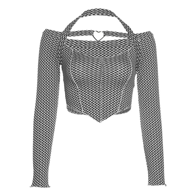 Cute Sexy Plaid Halter Slash Neck Hollow Long Sleeve Shirt Crop Top Punk Summer Aesthetic Casual E-Girl Kawaii Korean Japanese Harajuku