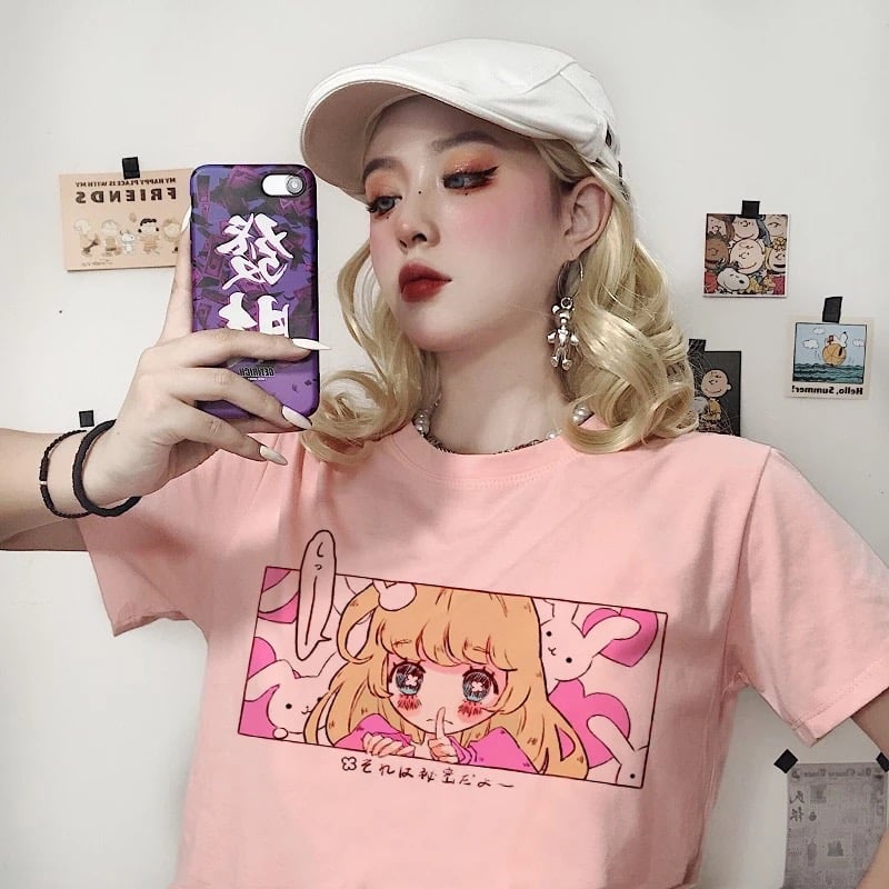 Cute Pink Anime Girl Cartoon Graphic Casual Short Sleeve Shirt Tee T-shirt E-Girl Kawaii Korean Japanese Harajuku Chinese Retro Streetwear Aesthetic