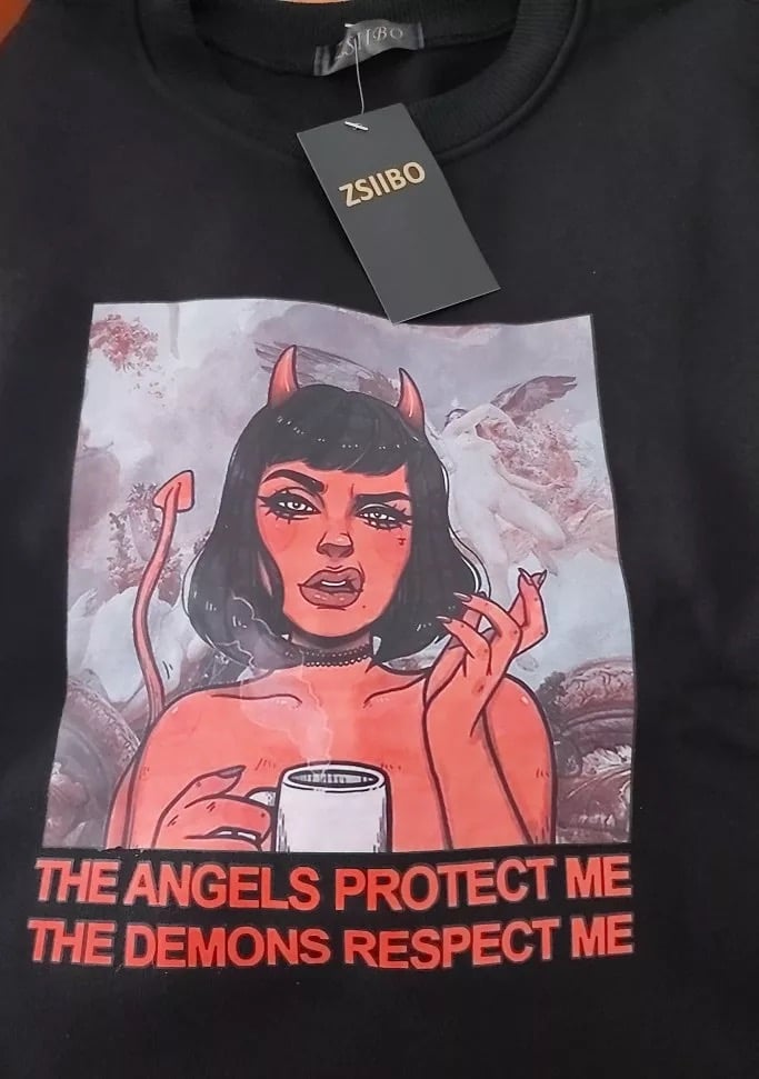 Cute Angel Demon Girl Print Sweater Pullover Hoodie Long Sleeve Top Shirt Sweatshirt E-Girl Kawaii Korean Japanese Harajuku Retro Streetwear Aesthetic