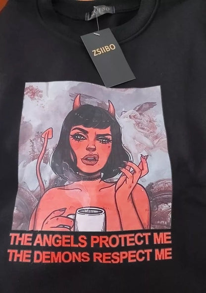 Cute Angel Demon Girl Print Sweater Pullover Hoodie Long Sleeve Top Shirt Sweatshirt E-Girl Kawaii Korean Japanese Harajuku Retro Streetwear Aesthetic
