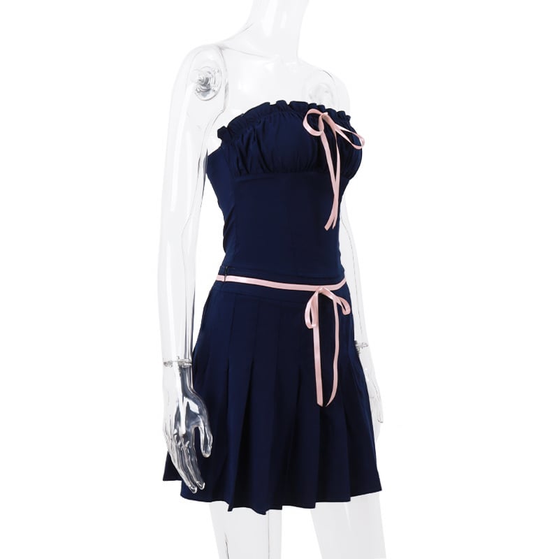 2PCS Blue Bow Strapless Top + Pleated Low Waist Skirt