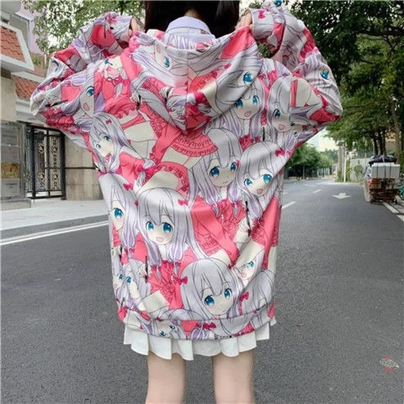 Cute Anime Girl Zip Up Hoodie Jacket Jumper Sweatshirt Long Sleeve Shirt Aesthetic Casual E-Girl Kawaii Korean Japanese Harajuku
