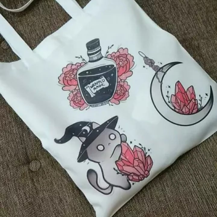 Cute Cat Witch Magic Print Reusable Shopping Tote Bag Canvas Tote Shoulder Bag Aesthetic Casual E-Girl Kawaii Korean Japanese Harajuku