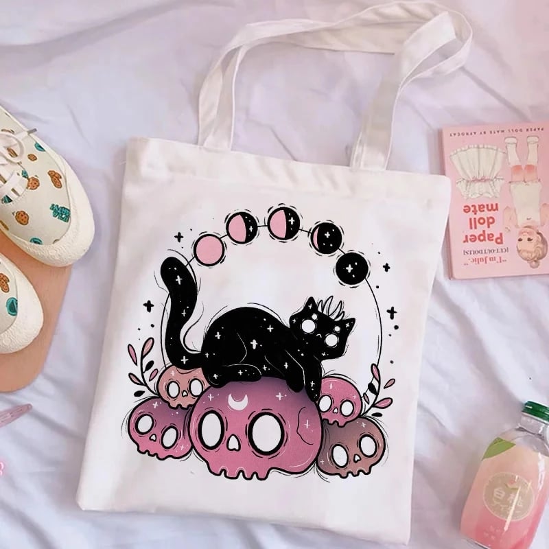Cute Cat Skull Print Reusable Shopping Bag Canvas Tote Shoulder Bag Aesthetic Casual E-Girl Kawaii Korean Japanese Harajuku