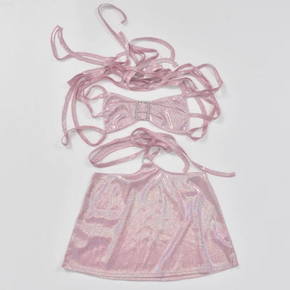 Cute 2pc Set Pink Glitter Fairy Crop Top + Mini Skirt Sexy Club Party Rave Summer Aesthetic Casual E-Girl Kawaii Korean Japanese Harajuku