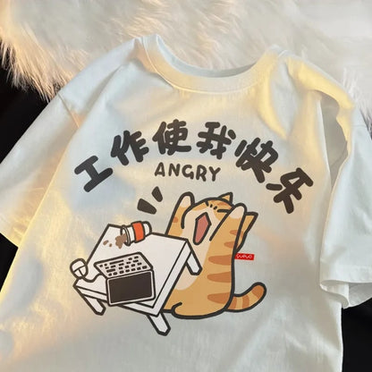 Angry Cat Print Short Sleeve T-shirt