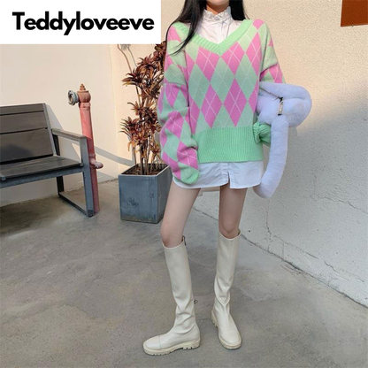 Green & Pink Lattice V Neck Sweater