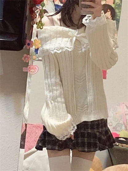 Pink Off Shoulder Bow Lace Sweater