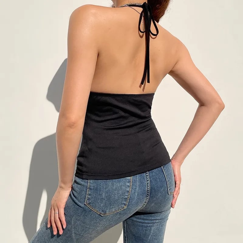 Black Belt Bandage V Neck Backless Halter Top