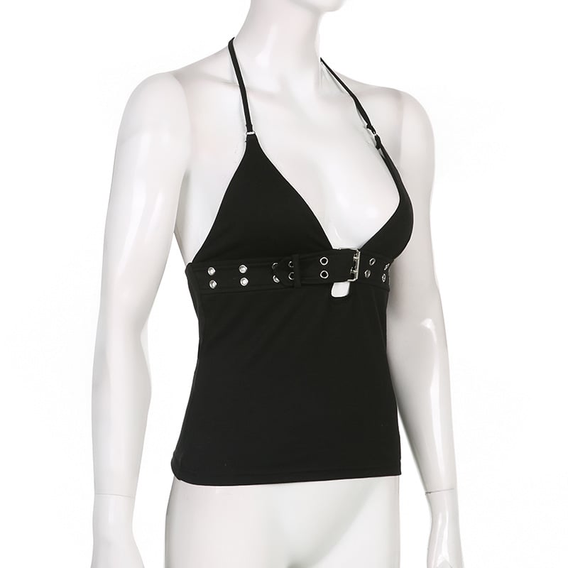 Black Belt Bandage V Neck Backless Halter Top
