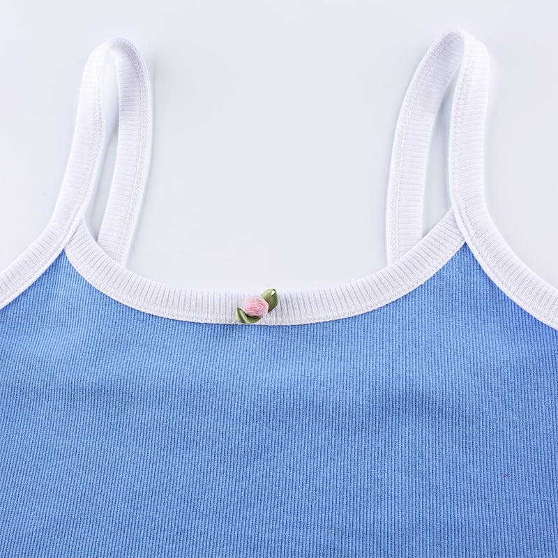 Cute Sexy Flower Rose Color Contrast Crop Top Camisole Shirt Tee T-shirt E-Girl Kawaii Korean Japanese Harajuku Chinese Retro Streetwear Aesthetic