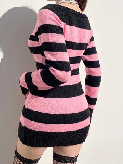 Pink & Black Stripe Off Shoulder Knit Dress