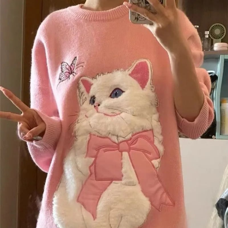 Fluffy Cat Print Sweater