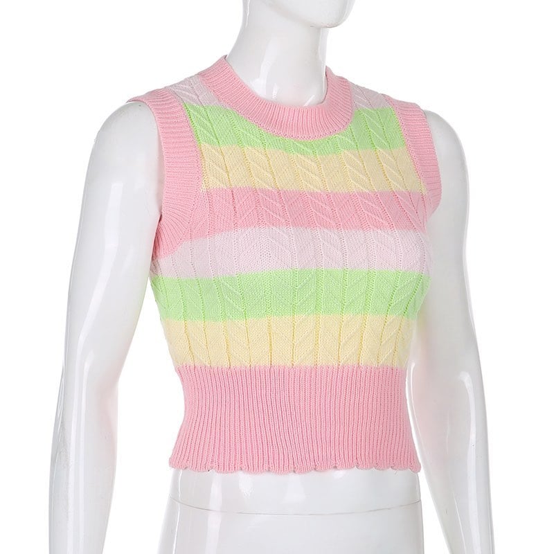 Cute Pink Rainbow Stripe Tie Dye Sleeveless V Neck Knit Vest Sweater Top Pullover Autumn Aesthetic E-Girl Kawaii Korean Japanese Harajuku Streetwear